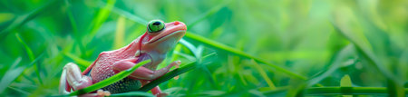Red frog on green grass in the garden. Panoramic banner.の素材