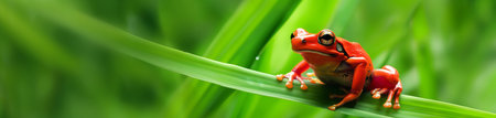 Red frog on a green leaf. Wildlife scene from tropical nature.の素材