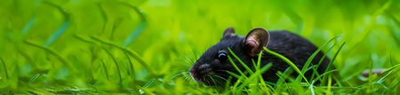 Cute black rat in the grass, panoramic web bannerの素材