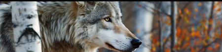Portrait of a wolf in the forest. Panoramic photo.の素材