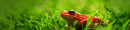Red frog on green grass, panoramic banner, close-upの素材