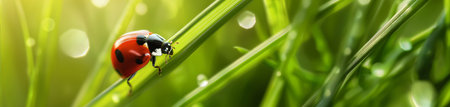 Ladybug on green grass. Nature background. Web banner or header.の素材