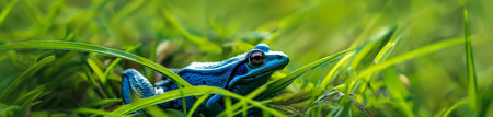 Blue frog on the green grass. Close-up. Panoramic photo.の素材