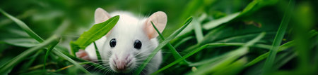 White mouse in the green grass, panoramic web banner.の素材