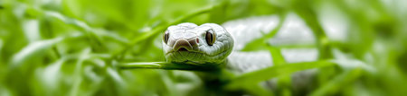 Close-up of a white snake on green grass. Selective focus.の素材