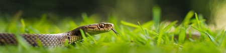Close-up of a snake in the grass, selective focus.の素材