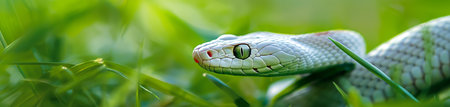 Close-up of a white snake with green eyes in the grassの素材