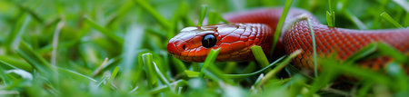Close-up of a red snake in the grass. Selective focus.の素材