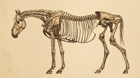 An hand drawn illustration of the skeleton of a horse, isolated on a white background.の素材