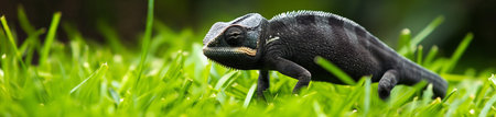 Chameleon on green grass in the garden. Panorama.の素材