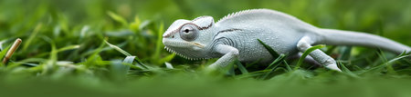 White chameleon on green grass. Panoramic image.の素材