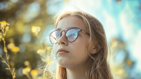 Portrait of a beautiful girl with glasses on the background of nature.の素材