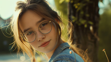 Portrait of a beautiful young girl in glasses and a denim jacket.の素材