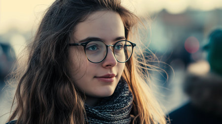 Portrait of a beautiful young woman with long hair and glasses.の素材