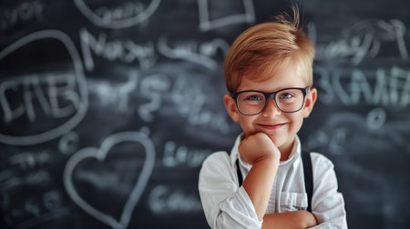 Portrait of cute little boy in eyeglasses against blackboardの素材