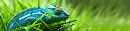 Blue chameleon on green grass. Panoramic banner.の素材