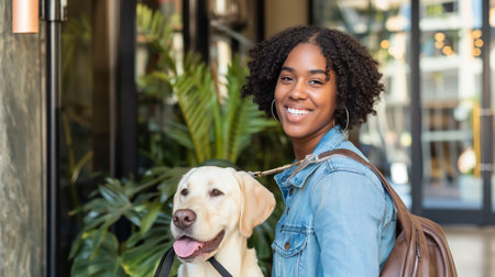 young african american woman walking with labrador dog in cityの素材
