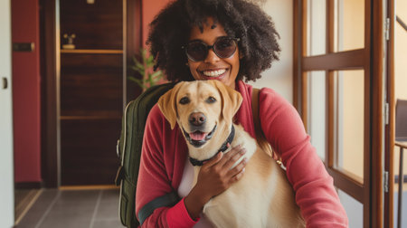 Smiling african american woman with backpack and dog at homeの素材