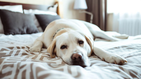 Golden labrador retriever lying on bed at home in morning.の素材