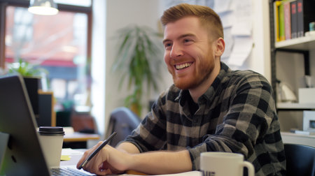 Portrait of a smiling young man working at his desk in the officeの素材