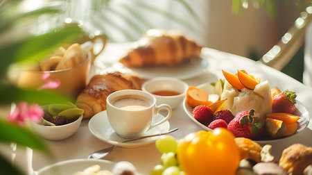 Breakfast served with coffee, croissants, fruits and vegetablesの素材