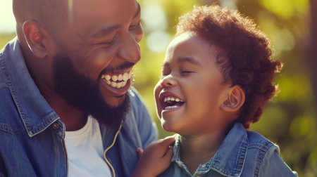 African american father and son spending time together in park. They are laughingの素材
