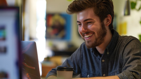 Portrait of smiling young man working on laptop at desk in officeの素材