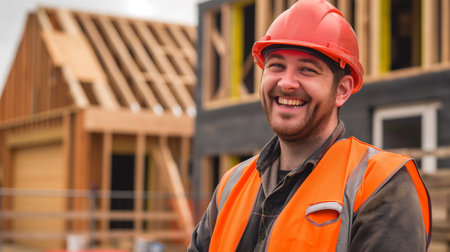Portrait of a young man in a construction site. He is smiling.の素材