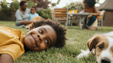 african american boy lying on grass and looking at camera with friends in backgroundの素材