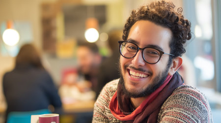 Portrait of smiling young man wearing eyeglasses in coffee shopの素材