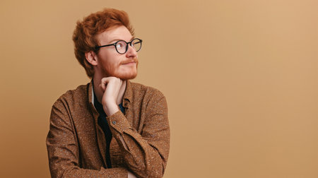 Portrait of a red-haired guy in glasses on a brown backgroundの素材