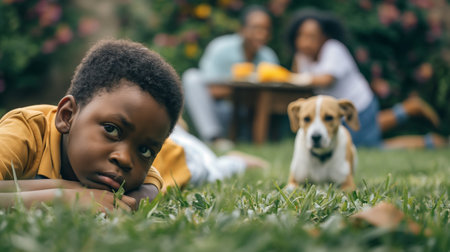 selective focus of african american boy lying on grass and looking at beagle dog in gardenの素材