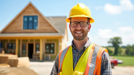 Portrait of a male construction worker on a building site background.の素材