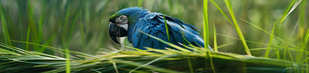 beautiful blue macaw on the green background, panoramic photoの素材