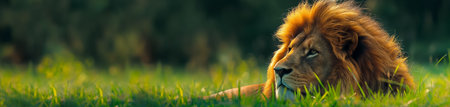 Lion in the grass. Panoramic banner. Copy space.の素材