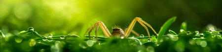 Spider on green grass, macro shot, panoramic web bannerの素材