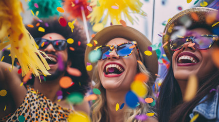 Group of friends having fun at a music festival. People having fun at a music festival.の素材