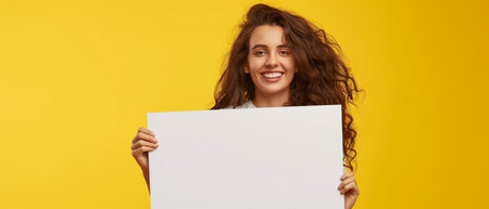 Smiling young woman holding white sheet of paper on yellow background.の素材