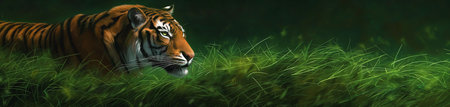 Beautiful tiger in the green grass. Banner for your design.の素材