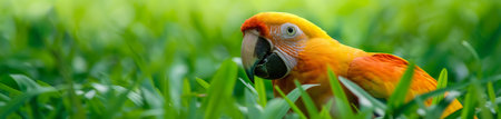 Beautiful scarlet macaw parrot on the green grass.の素材
