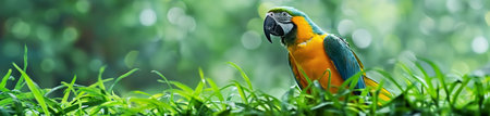 Colorful macaw bird sitting on the green grass in the gardenの素材