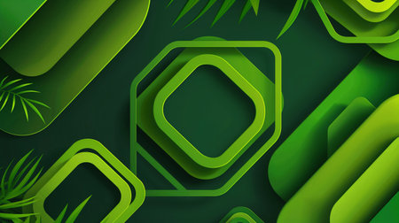 Abstract background with green geometric shapes and palm leaves. Vector illustration.の素材