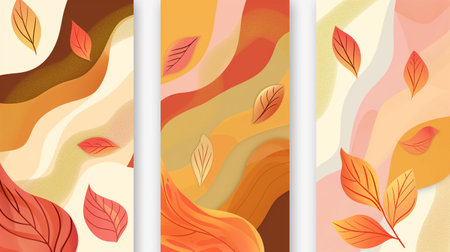 Set of vertical banners with autumn leaves and waves. Vector illustration.の素材
