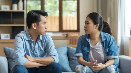 Young Asian couple sitting on sofa in the living room and looking at each other.の素材