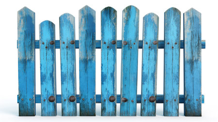 Blue wooden fence isolated on white background. 3d render. Vintage style.の素材