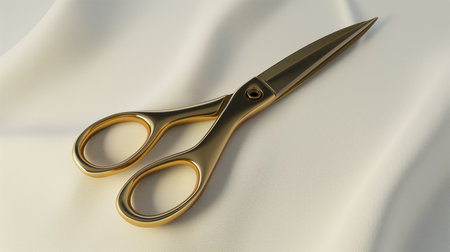 Golden scissors on white satin background. 3D render illustration.の素材