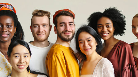 Group of young people with different skin color on gray background, closeupの素材