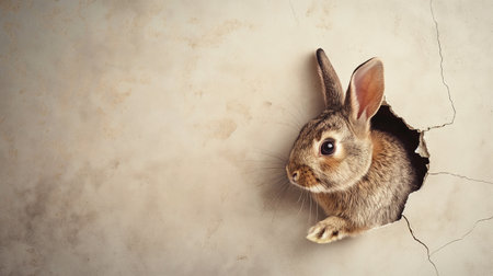 Rabbit peeking out of a hole in the wall with copy spaceの素材