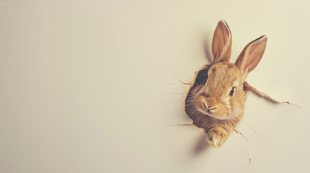 Rabbit peeking out of a hole in the wall with copy spaceの素材