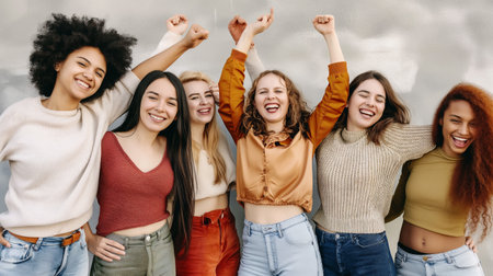 Cheerful group of multiethnic women looking at camera and smilingの素材